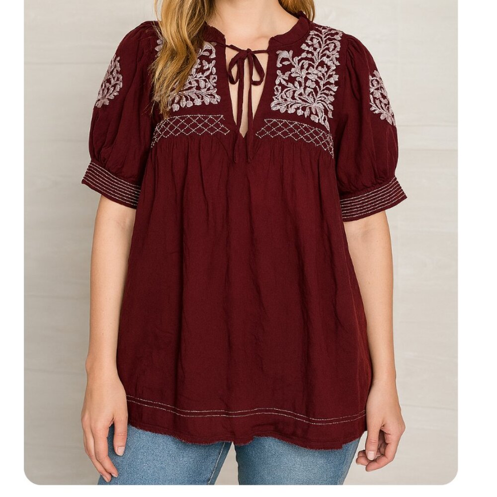 Boho Embroidered Tie-Neck Top in Burgundy